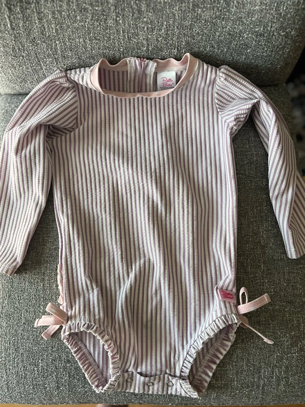 RuffleButts Lilac Striped Seersucker One Piece Girl’s Swimsuit